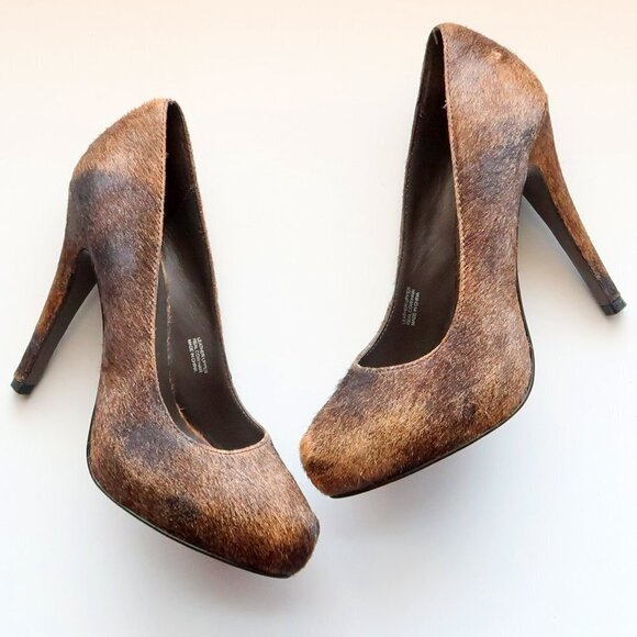ASH Brown & Tan Cow Hair & Leather Platform Pumps Stiletto Heels Shoes Size 7.5